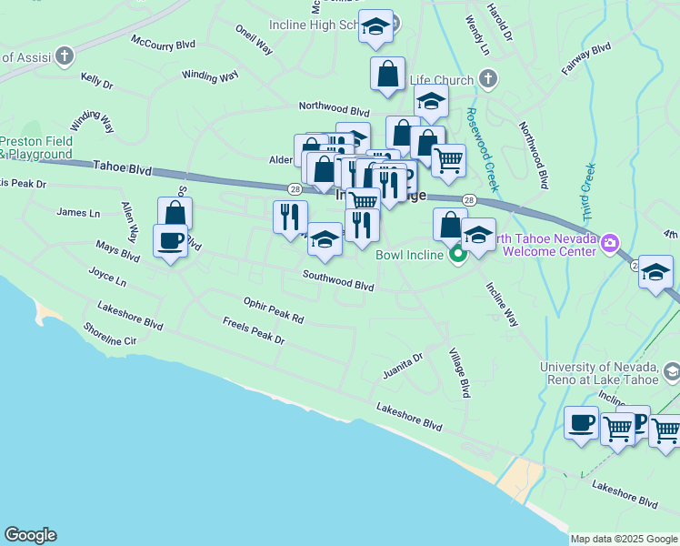 map of restaurants, bars, coffee shops, grocery stores, and more near 866 Oriole Way in Incline Village