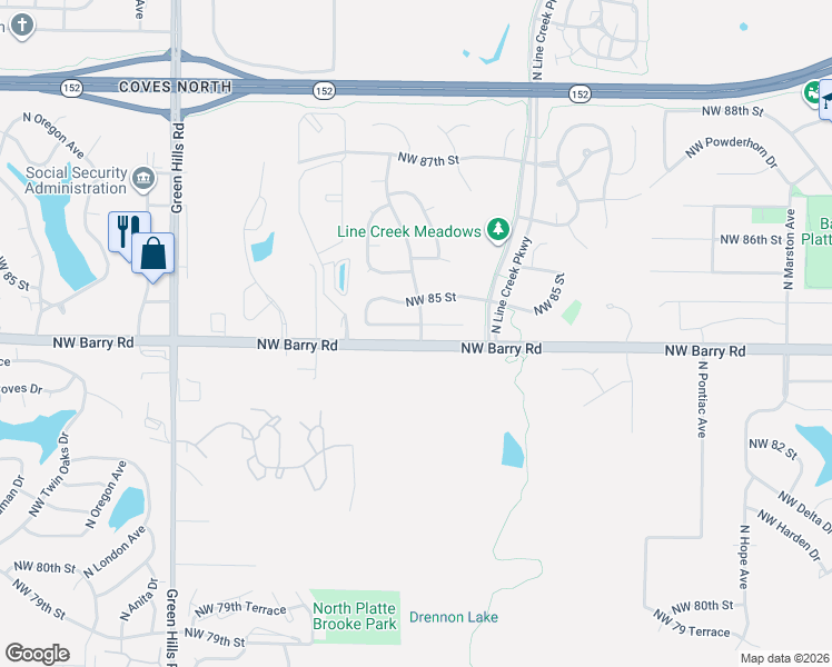 map of restaurants, bars, coffee shops, grocery stores, and more near 3619 Northwest 85 Street in Kansas City