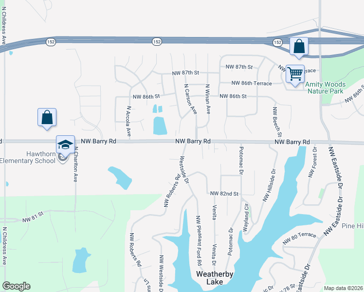 map of restaurants, bars, coffee shops, grocery stores, and more near 10321 Northwest 85th Street in Kansas City