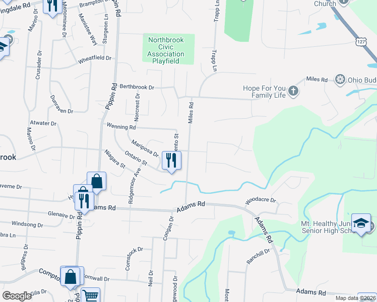 map of restaurants, bars, coffee shops, grocery stores, and more near 2269 Miles Road in Cincinnati
