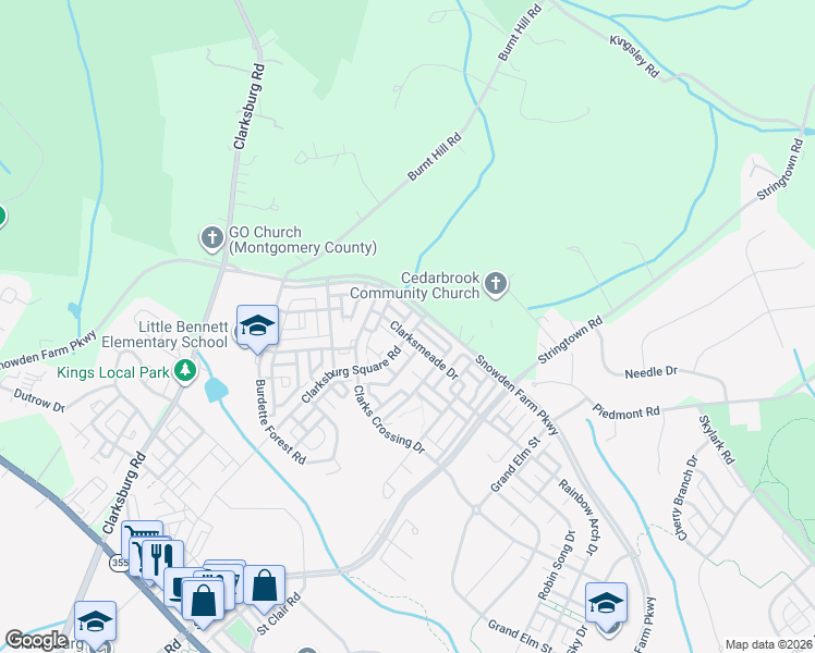 map of restaurants, bars, coffee shops, grocery stores, and more near 12811 Clarksburg Square Road in Clarksburg