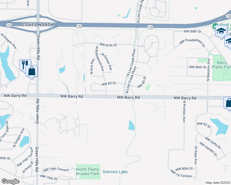 map of restaurants, bars, coffee shops, grocery stores, and more near 3401 Northwest 84th Terrace in Kansas City