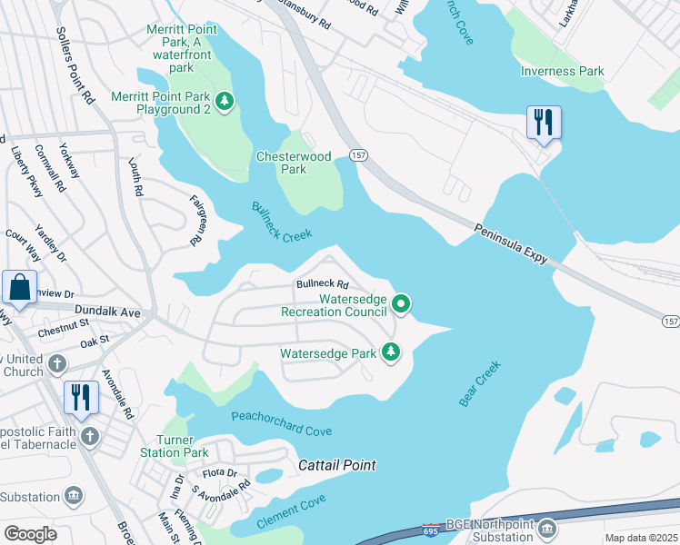 map of restaurants, bars, coffee shops, grocery stores, and more near 8215 Northview Road in Dundalk