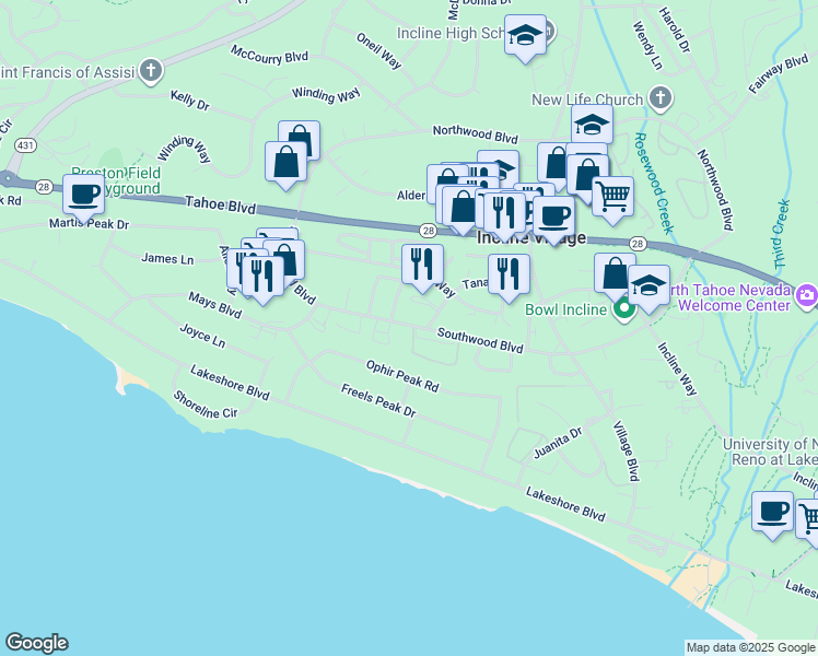 map of restaurants, bars, coffee shops, grocery stores, and more near 209 Robin Drive in Incline Village