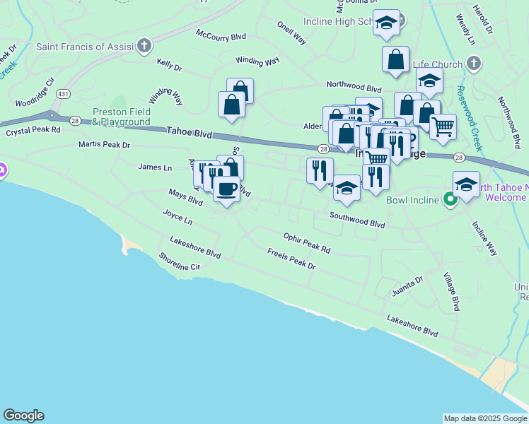 map of restaurants, bars, coffee shops, grocery stores, and more near 801 Southwood Boulevard in Incline Village