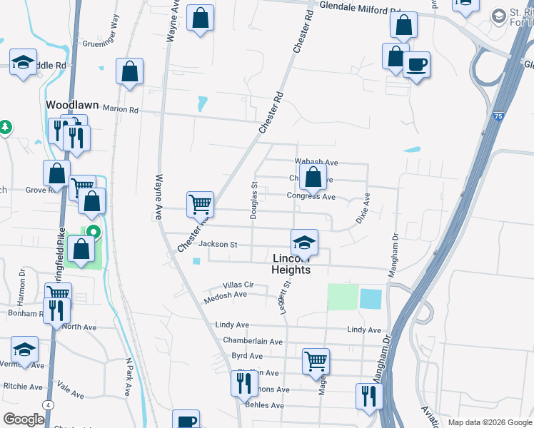 map of restaurants, bars, coffee shops, grocery stores, and more near 901 Congress Avenue in Cincinnati