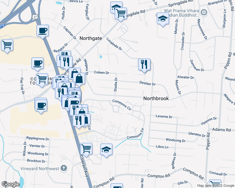 map of restaurants, bars, coffee shops, grocery stores, and more near 3303 Ainsworth Drive in Cincinnati