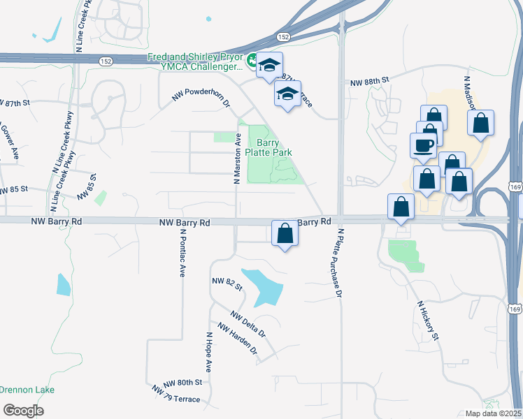 map of restaurants, bars, coffee shops, grocery stores, and more near 2207 Northwest 84th Terrace in Kansas City