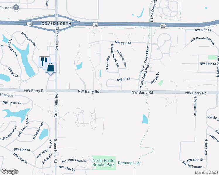map of restaurants, bars, coffee shops, grocery stores, and more near 3641 Northwest 85 Street in Kansas City