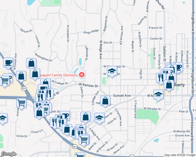 map of restaurants, bars, coffee shops, grocery stores, and more near 29 Virginia Drive in Liberty