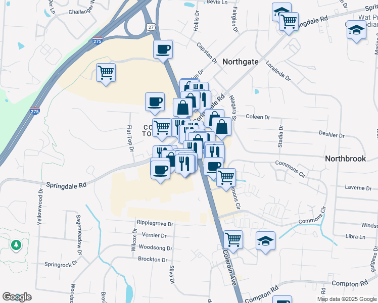 map of restaurants, bars, coffee shops, grocery stores, and more near 9735 Colerain Avenue in Cincinnati
