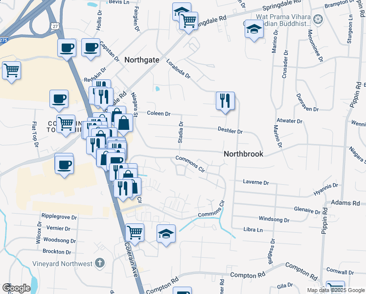 map of restaurants, bars, coffee shops, grocery stores, and more near 3303 Ainsworth Drive in Cincinnati
