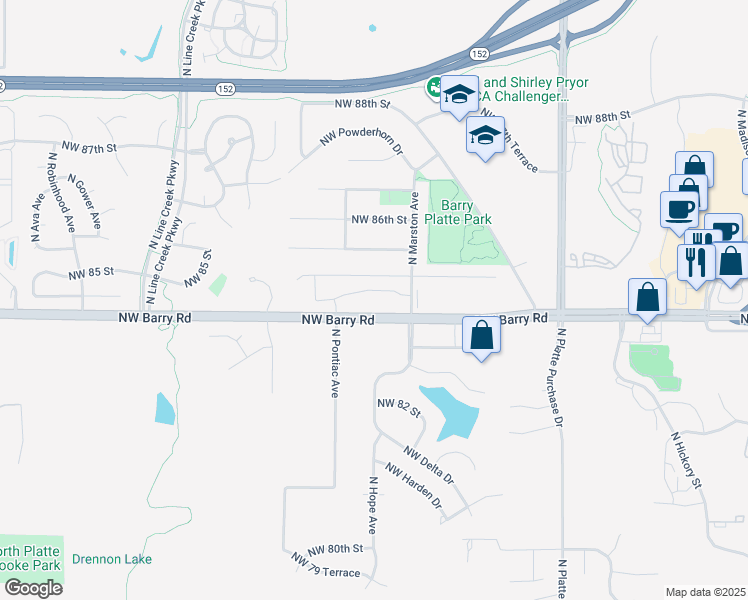 map of restaurants, bars, coffee shops, grocery stores, and more near 8400 North Marston Avenue in Kansas City