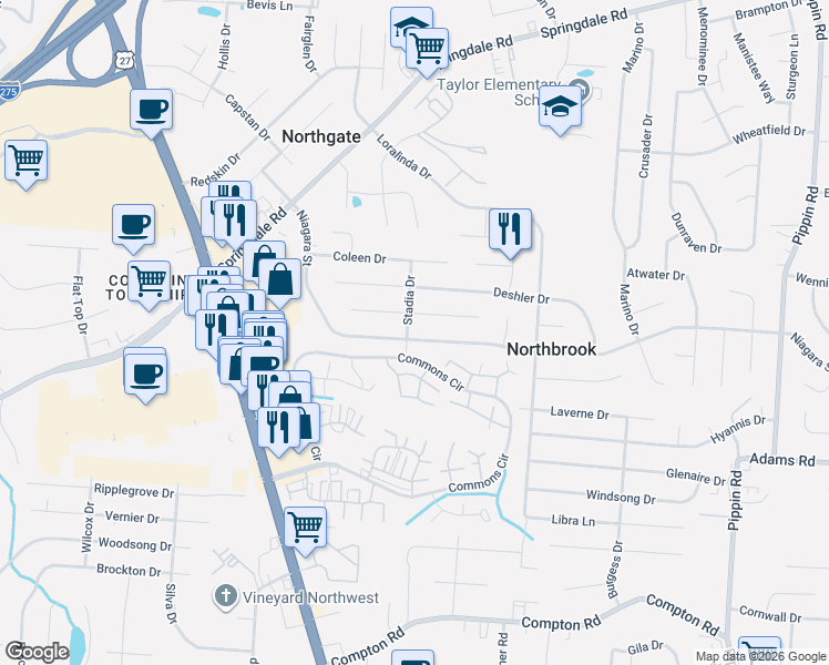 map of restaurants, bars, coffee shops, grocery stores, and more near 3303 Ainsworth Drive in Cincinnati