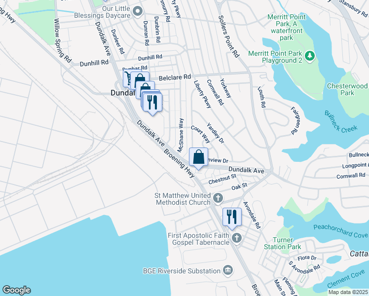 map of restaurants, bars, coffee shops, grocery stores, and more near 3549 McShane Way in Dundalk