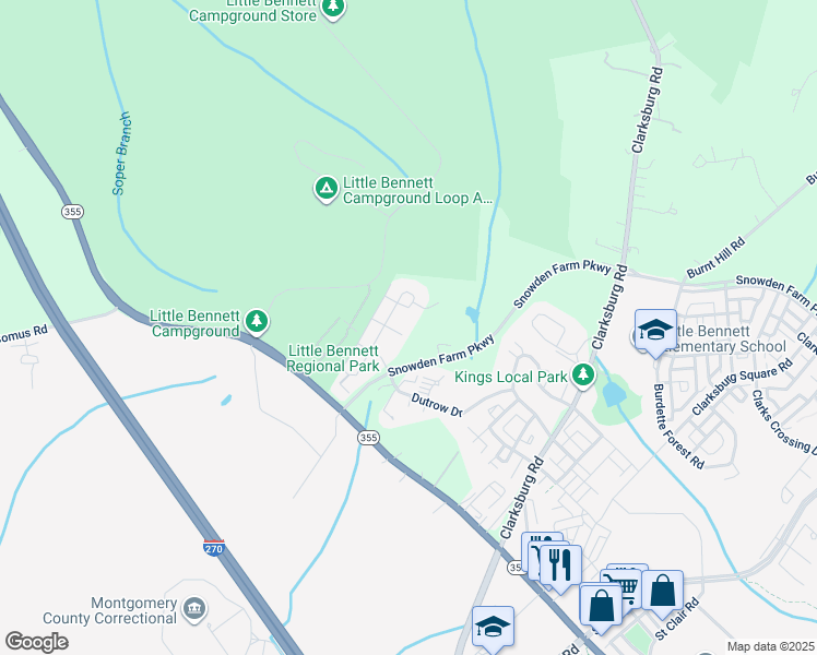 map of restaurants, bars, coffee shops, grocery stores, and more near 13501 Bennett Chase Ct in Clarksburg
