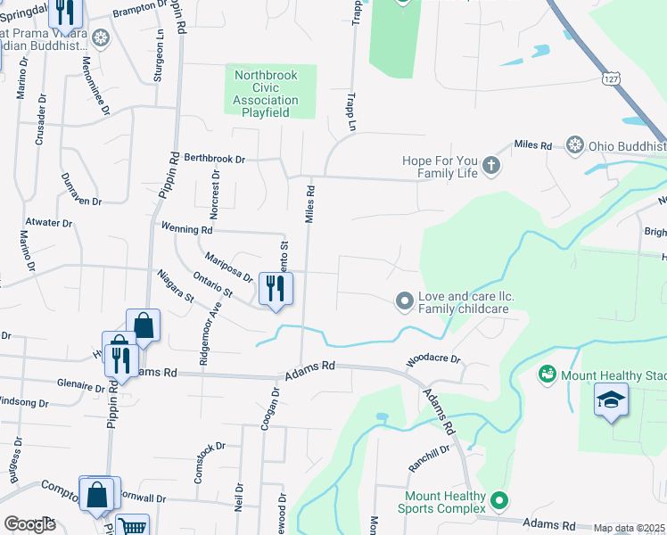 map of restaurants, bars, coffee shops, grocery stores, and more near 2364 Roxanna Drive in Cincinnati