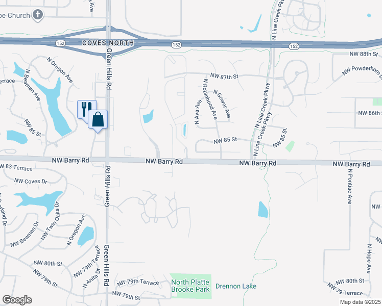 map of restaurants, bars, coffee shops, grocery stores, and more near 3806 Northwest 85th Terrace in Kansas City