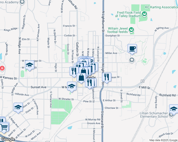 map of restaurants, bars, coffee shops, grocery stores, and more near 104 East Franklin Street in Liberty