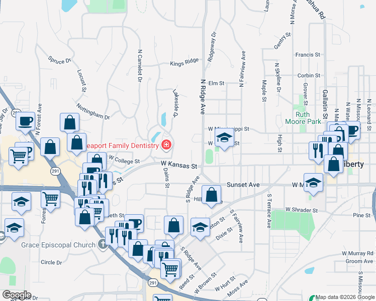 map of restaurants, bars, coffee shops, grocery stores, and more near 29 Virginia Drive in Liberty