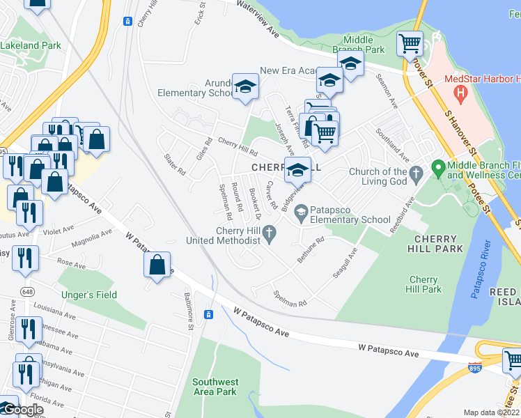 map of restaurants, bars, coffee shops, grocery stores, and more near 2825 Bookert Drive in Baltimore