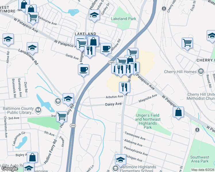 map of restaurants, bars, coffee shops, grocery stores, and more near 3506 Annapolis Road in Halethorpe