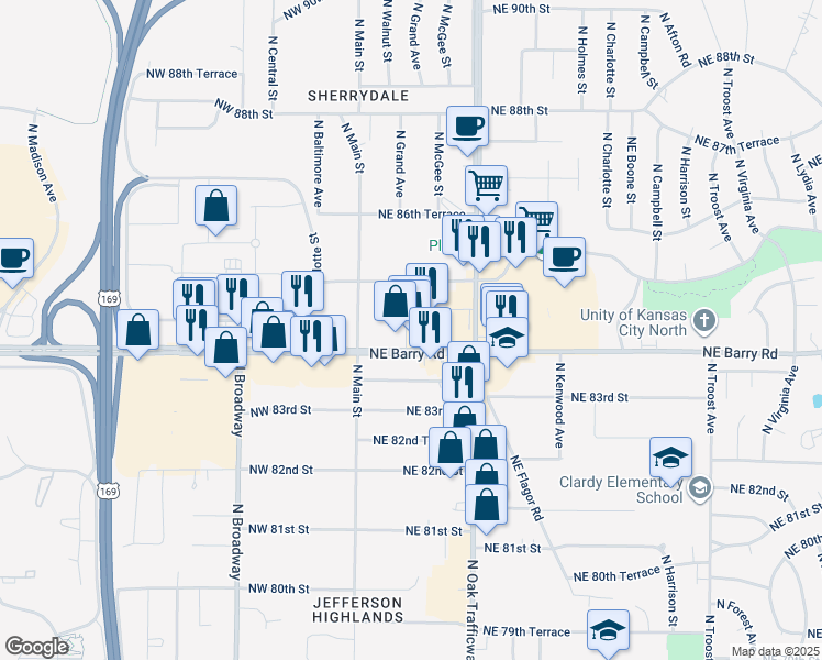 map of restaurants, bars, coffee shops, grocery stores, and more near 214 Northeast Barry Road in Kansas City