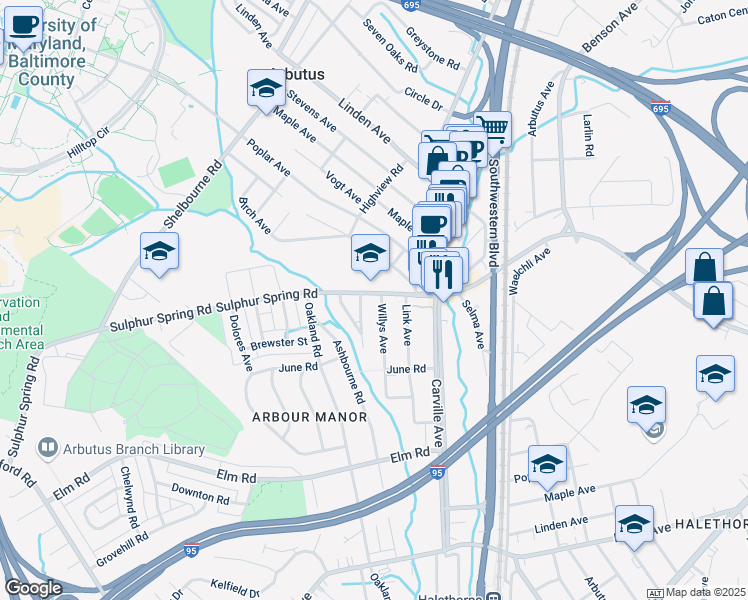 map of restaurants, bars, coffee shops, grocery stores, and more near 1305 Sulphur Spring Road in Arbutus