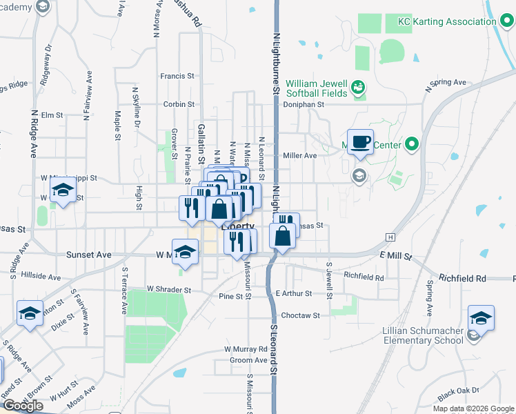 map of restaurants, bars, coffee shops, grocery stores, and more near 210 East Franklin Street in Liberty