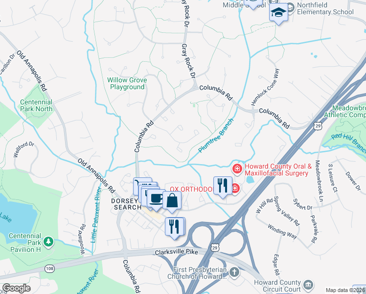map of restaurants, bars, coffee shops, grocery stores, and more near 4723 Hallowed Stream in Ellicott City