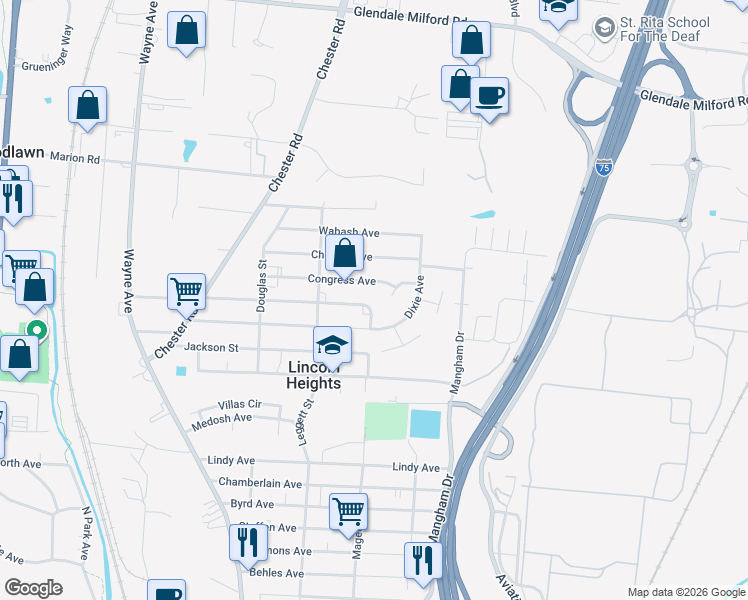 map of restaurants, bars, coffee shops, grocery stores, and more near 1201 Congress Avenue in Cincinnati