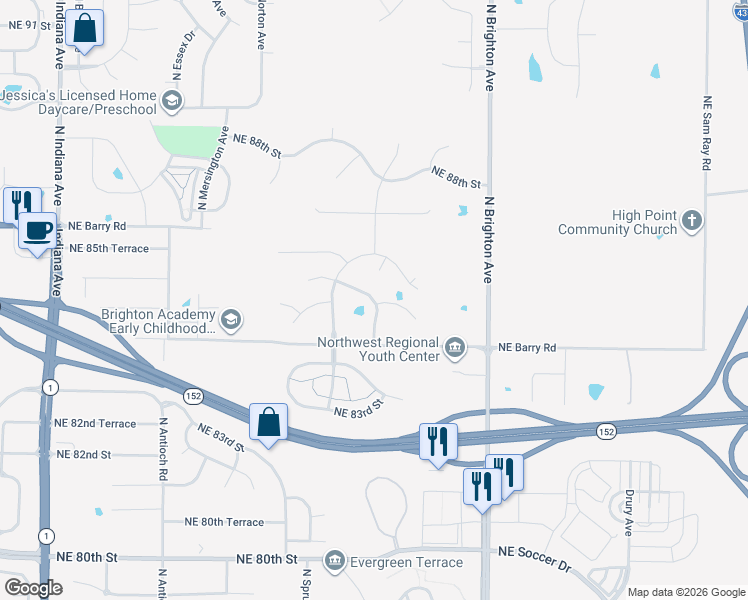 map of restaurants, bars, coffee shops, grocery stores, and more near 4508 Northeast 85th Street in Kansas City