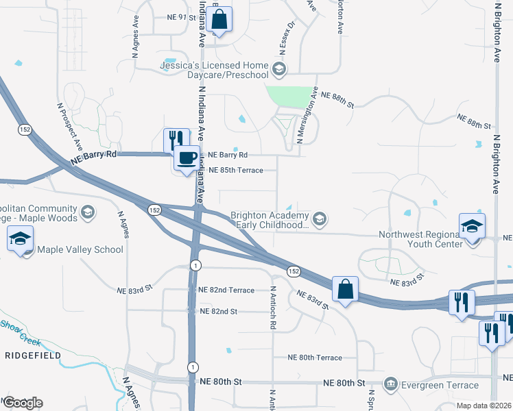 map of restaurants, bars, coffee shops, grocery stores, and more near 3617 Northeast 85th Street in Kansas City