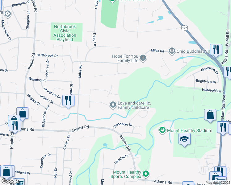 map of restaurants, bars, coffee shops, grocery stores, and more near 2268 Roxanna Drive in Cincinnati