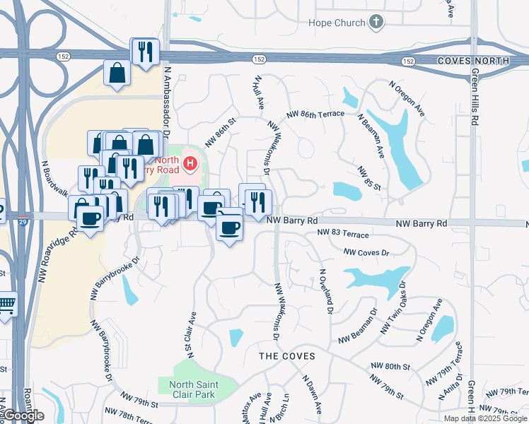 map of restaurants, bars, coffee shops, grocery stores, and more near 5411 Northwest 84 Court in Kansas City