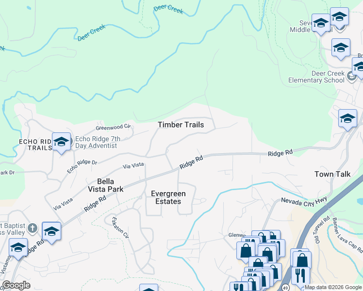 map of restaurants, bars, coffee shops, grocery stores, and more near 11276 Marjon Drive in Nevada City