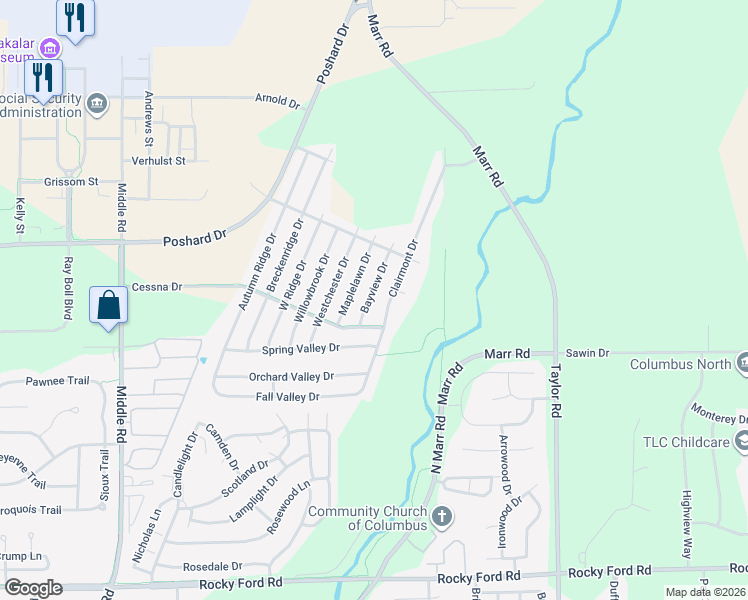 map of restaurants, bars, coffee shops, grocery stores, and more near 4667 Bayview Drive in Columbus