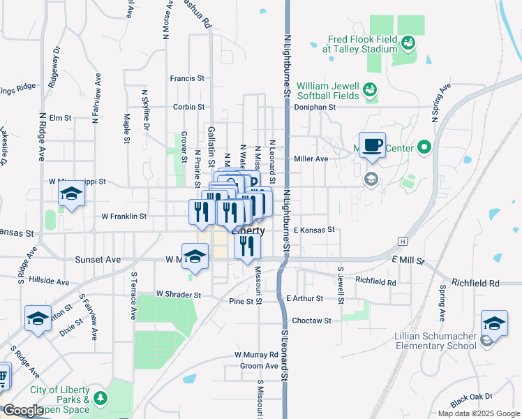 map of restaurants, bars, coffee shops, grocery stores, and more near 117 North Water Street in Liberty