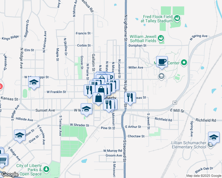 map of restaurants, bars, coffee shops, grocery stores, and more near 117 North Water Street in Liberty