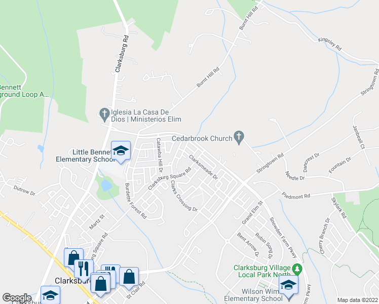 map of restaurants, bars, coffee shops, grocery stores, and more near 23747 Clarksmeade Drive in Clarksburg
