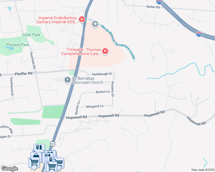 map of restaurants, bars, coffee shops, grocery stores, and more near 10399 Birkemeyer Drive in Cincinnati
