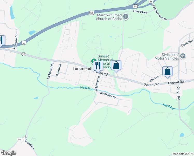 map of restaurants, bars, coffee shops, grocery stores, and more near 106 Wildwood Drive in Parkersburg