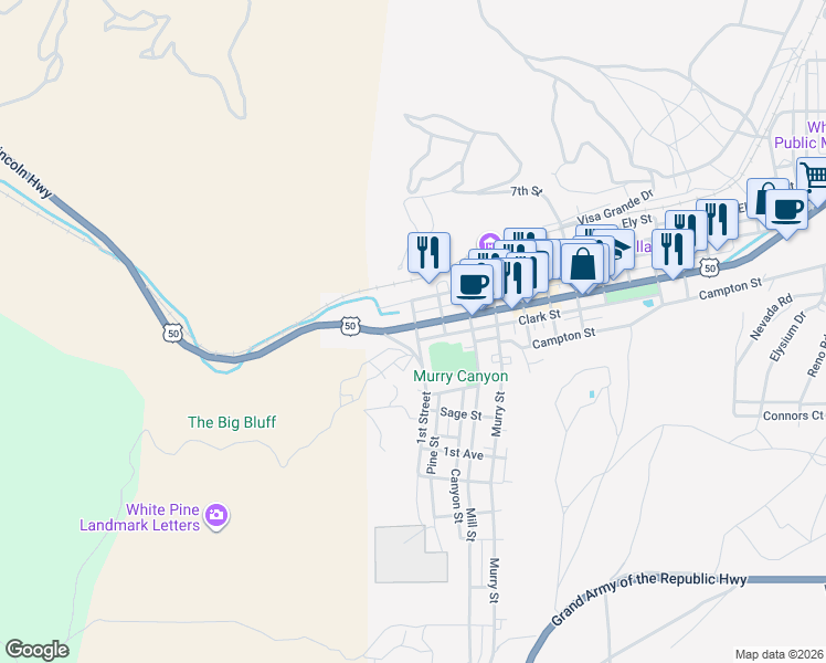 map of restaurants, bars, coffee shops, grocery stores, and more near 97 Lincoln Highway in Ely