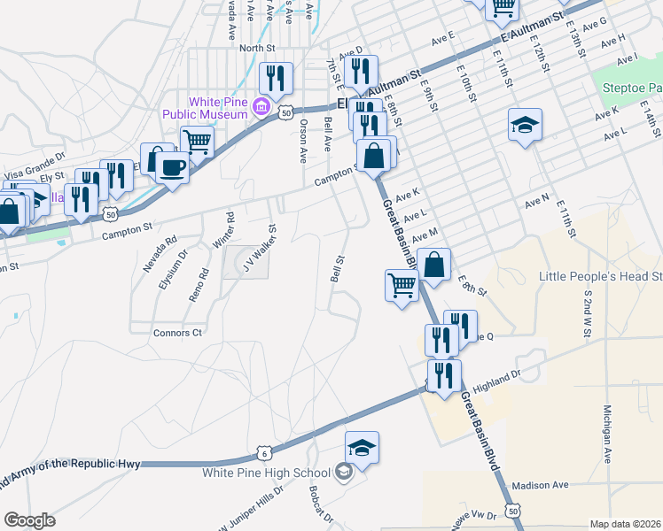 map of restaurants, bars, coffee shops, grocery stores, and more near 1171 South Bell Avenue in Ely