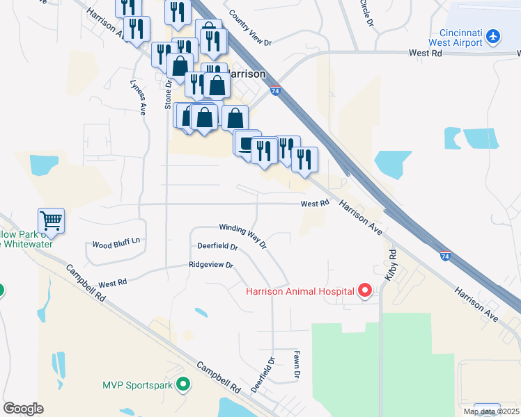 map of restaurants, bars, coffee shops, grocery stores, and more near 201 Westbrook Drive in Harrison