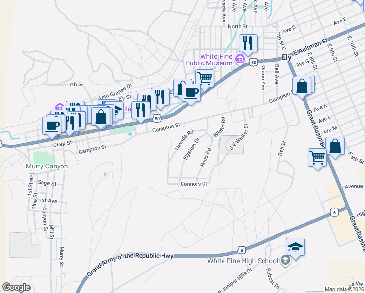 map of restaurants, bars, coffee shops, grocery stores, and more near 18 Nevada Road in Ely
