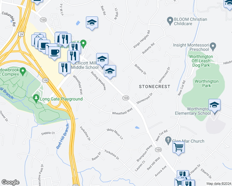 map of restaurants, bars, coffee shops, grocery stores, and more near 8584 Harvest View Court in Ellicott City