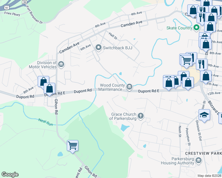 map of restaurants, bars, coffee shops, grocery stores, and more near Dupont Road in Parkersburg