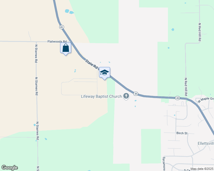 map of restaurants, bars, coffee shops, grocery stores, and more near 8045 State Road 46 in Ellettsville