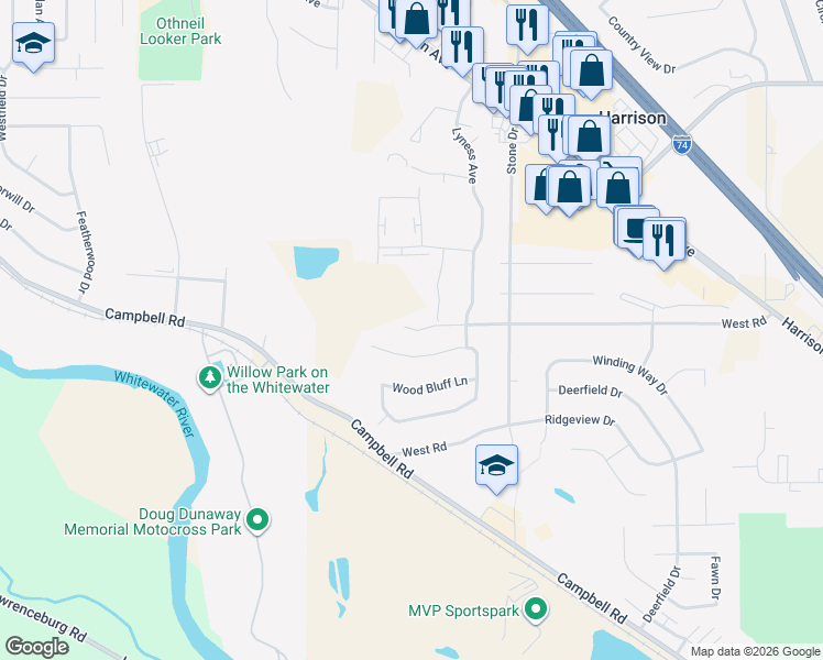 map of restaurants, bars, coffee shops, grocery stores, and more near 185 Timepiece Lane in Harrison